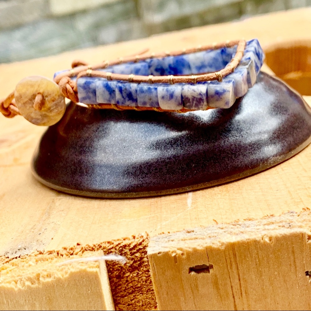 ✨SODALITE SQUARE STONE +LEATHER BRACELET 6mm